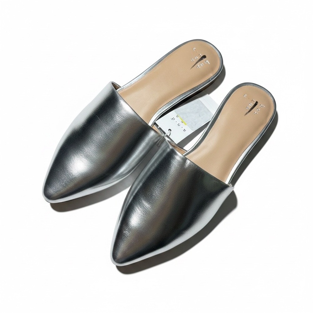 A New Day Silver Metallic Pointed Toe Mules Slip On Flat Shoes Womens 6.5 NEW